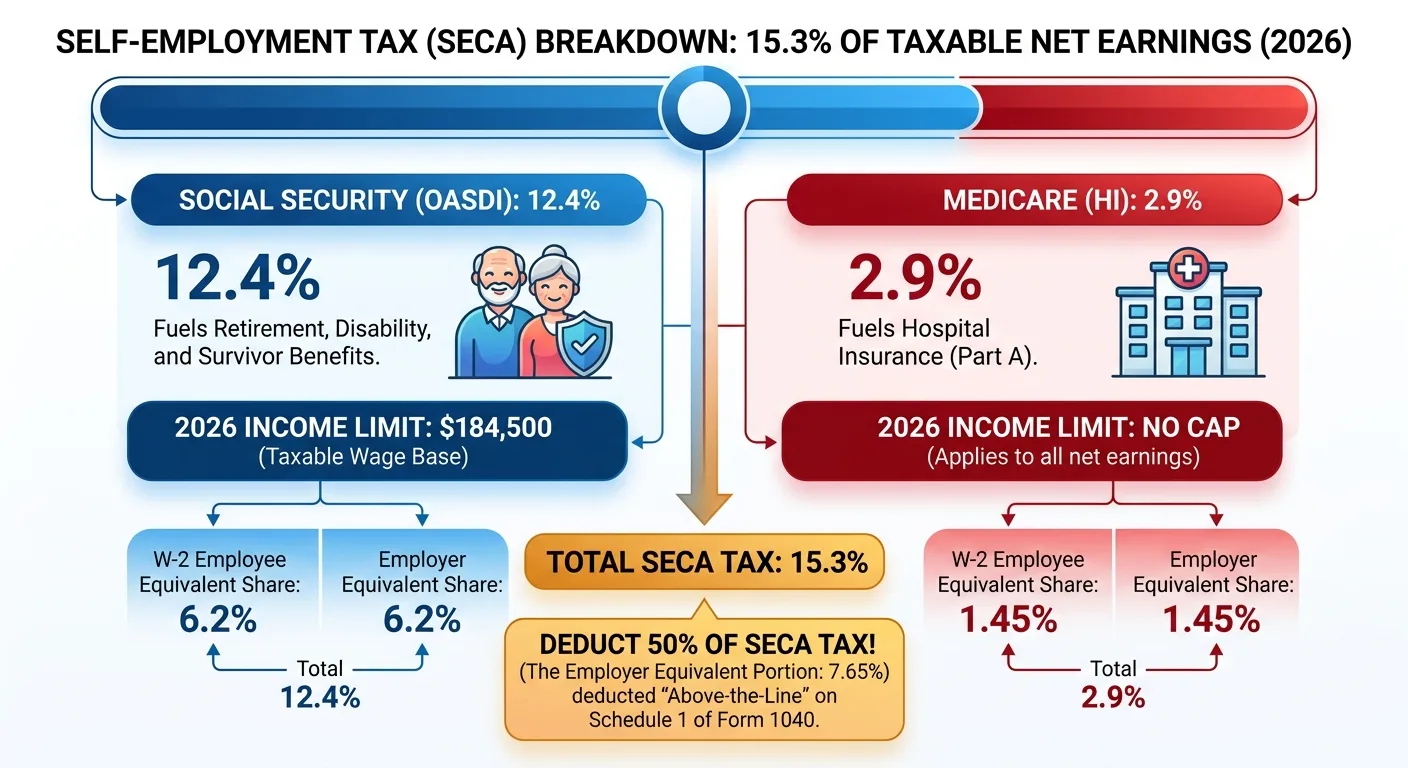 Diagram illustrating self-employment tax breakdown into Social Security and Medicare portions